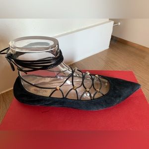 Valentino Rockstud Lace-Up Ballet Flat in Black Suede